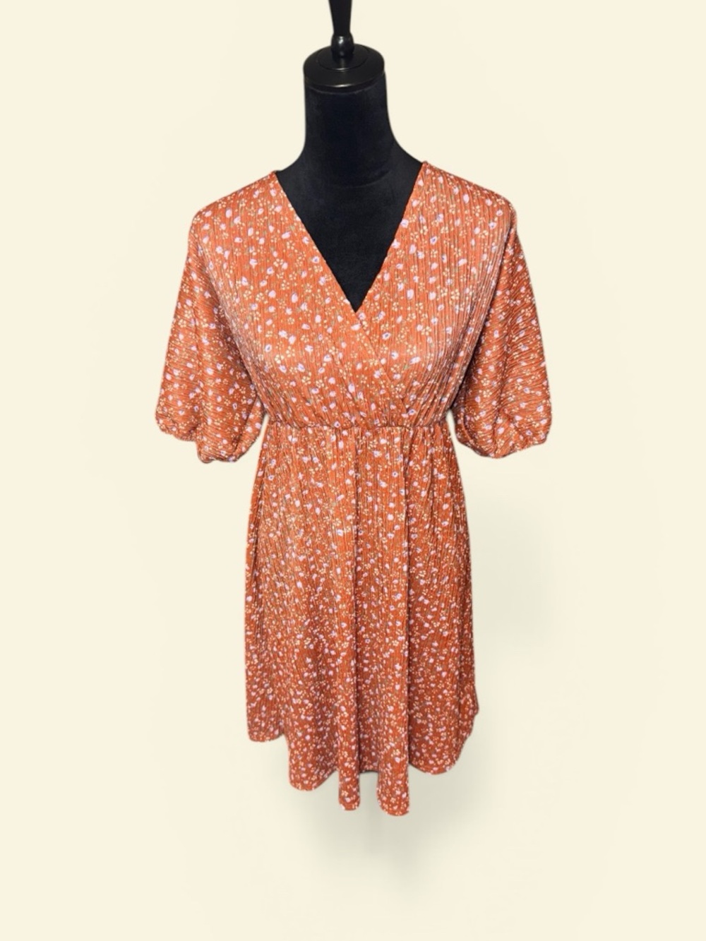 Floral Rust V-Neck Mini Dress with Elastic Waist